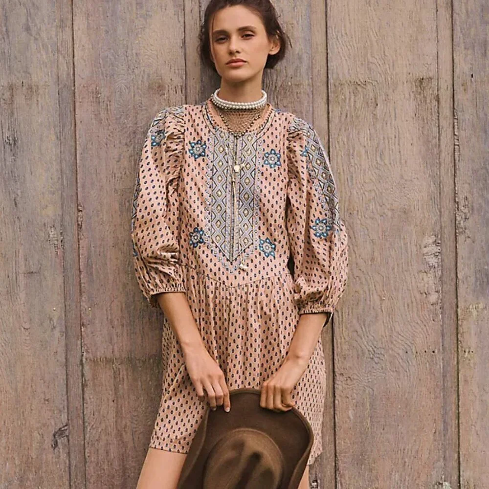 Anthropologie Tunic Embroidered Mauve Mini Dress Size S Boho Western Festival